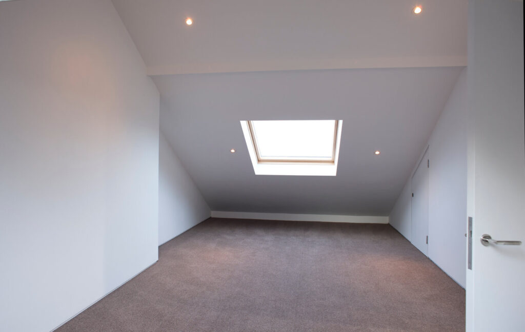 Bright attic room featuring a skylight and neutral-colored walls, ideal for various uses such as storage or a cozy living space.
